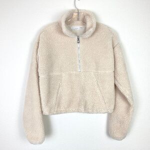 Good American Cropped Teddy Jacket Size XS 1/2 Zip High Pile Fleece Cream Beige